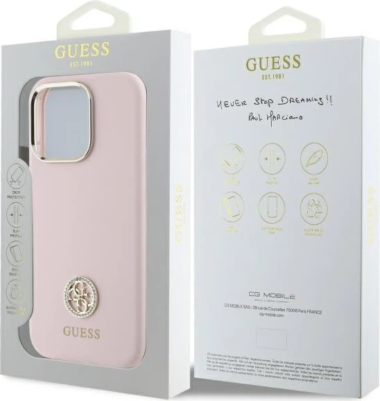 Mbështjellës Guess Silicone Logo Strass 4G për iPhone 16 Pro Max, rozë e çelët