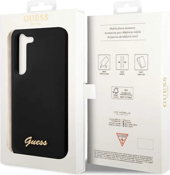 Mbështjellës Guess GUHCS23MSLSMK për Samsung Galaxy S23+ S916, silikon, i zi, Vintage Gold Logo
