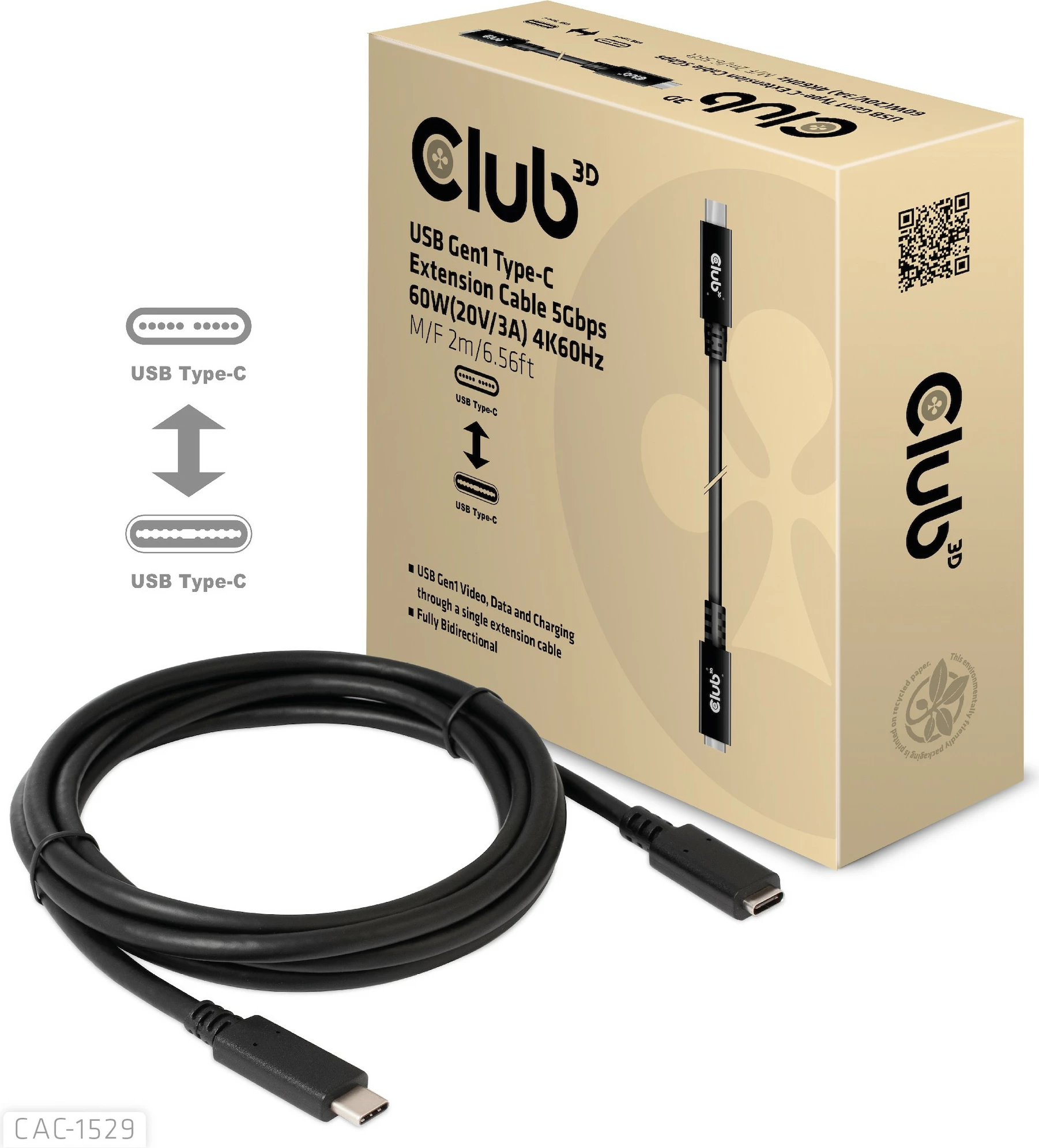 Kabllo USB-C Club3D 1m zgjatues, 5Gbps, e zezë
