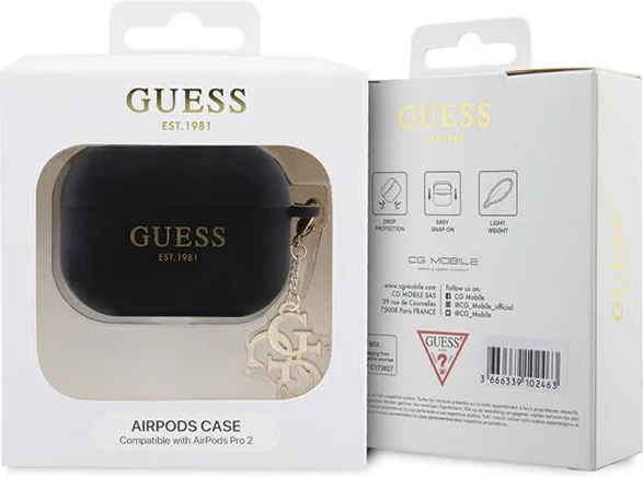 Mbështjellës Guess GUAP2LECG4K për AirPods Pro 2, silikon, i zi, me varëse dekorative