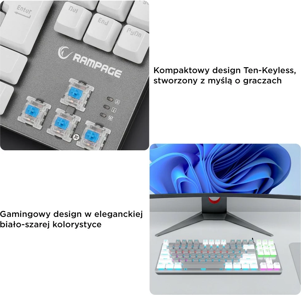 Tastierë mekanike Rampage Snug RGB KRGD Blue, 80%, anglisht, bardhë-gri