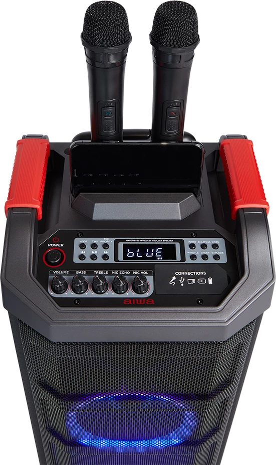 Altoparlant portativ Bluetooth Aiwa KBTUS-608 80 W RMS me drita RGB, me karrocë me rrota, i zi, me 2 mikrofonë wireless