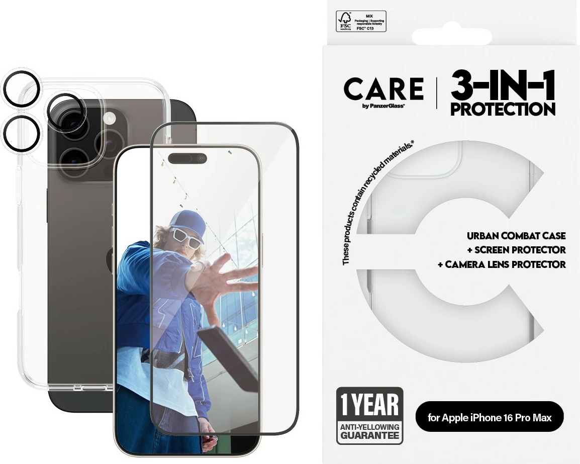 Mbështjellës PanzerGlass për iPhone 16 Pro Max, set 3-në-1, transparent