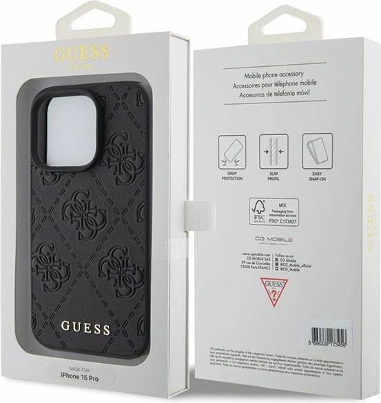 Mbështjellës Guess Leather 4G Stamped për iPhone 15 Pro Max, i zi