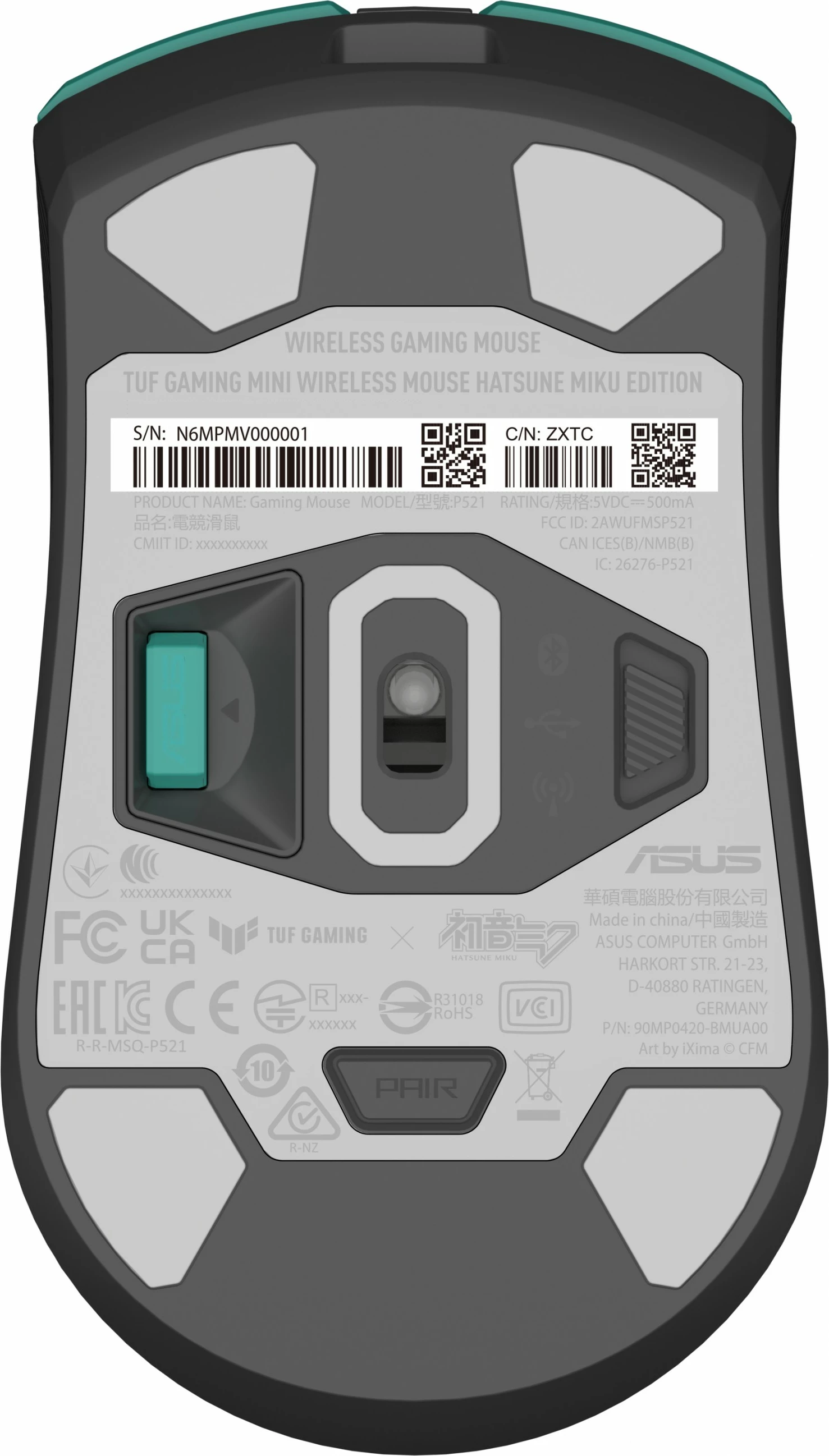 Maus wireless ASUS TUF Gaming Mini Hatsune Miku Edition, gaming, turkuaz/rozë