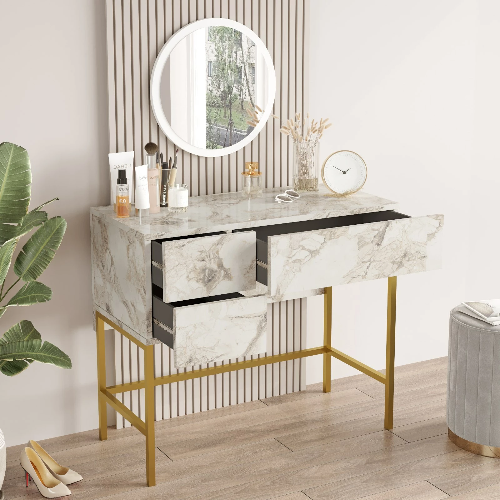 Tavolinë grimimi Skye Decor, e bardhë dhe ari, VG32-GE