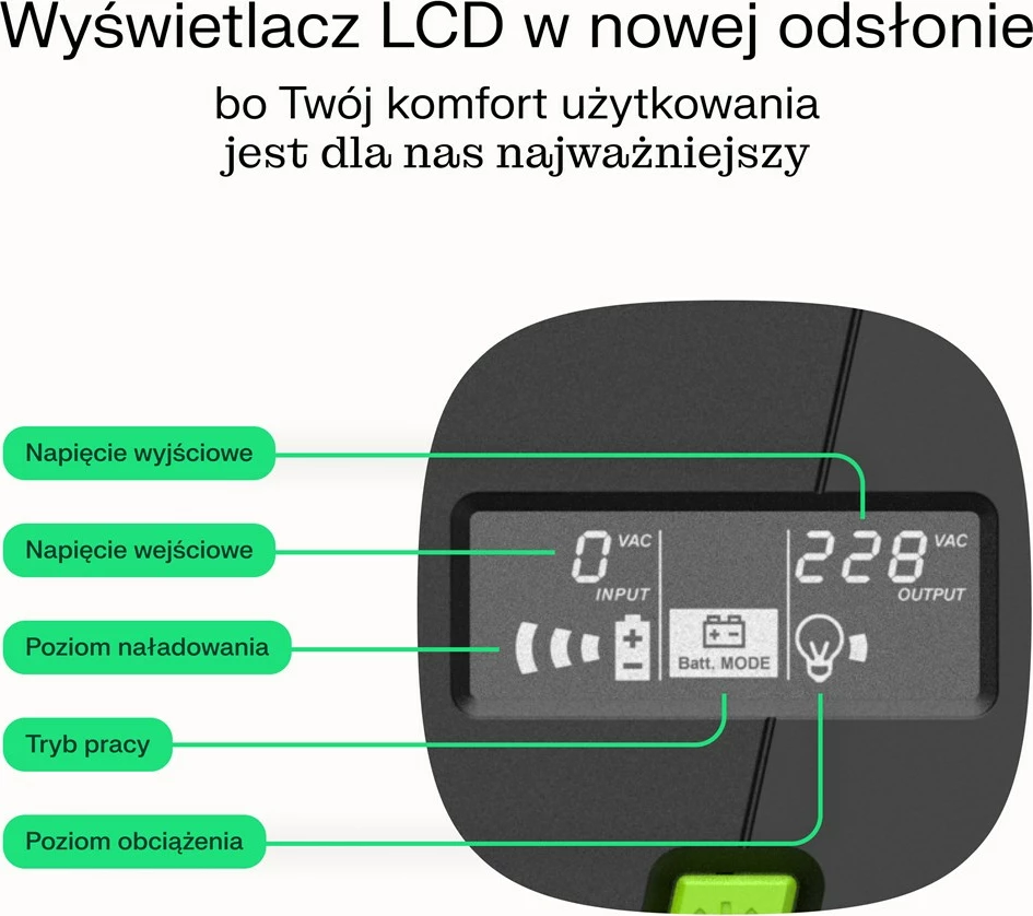 UPS Green Cell UPSLM480, 0.85 kVA, 480 W, 2 dalje AC, 9 Ah, 12 V, e zezë