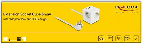 Zgjatues prizash kub DeLOCK 11497, 3x Schuko + USB-C/2x USB-A, 3680W, i bardhë