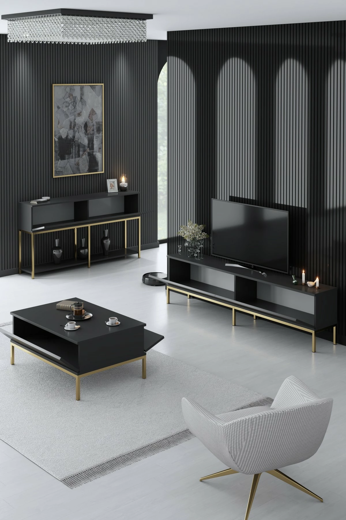 Set mobiljesh për dhomë dite, Hanah Home Lord, anthracite dhe ari