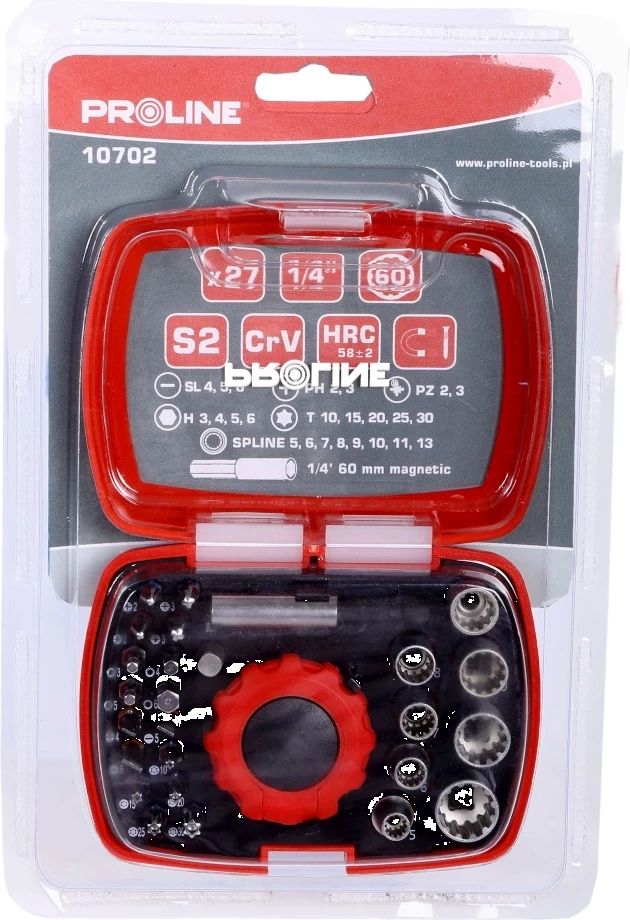 Set bitash për kaçavidë PROLINE 10702, 27 copë, mbajtës magnetik 1/4" me ragllë