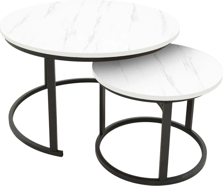 Set tavolinash kafeje Revelon, pamje mermeri të bardhë, këmbë të zeza, 80x80x45cm