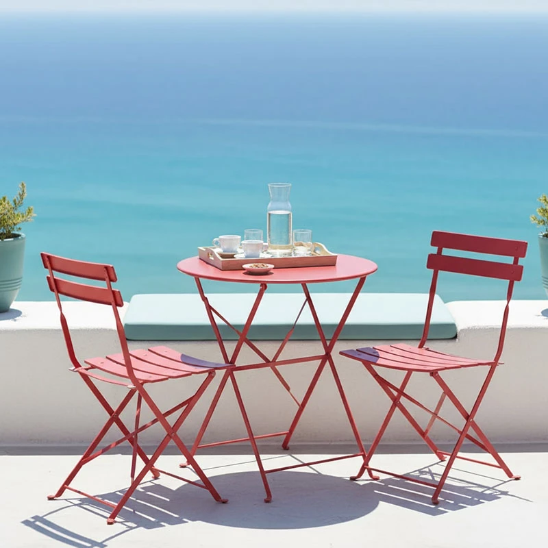 Tavolinë me karrige për terasë, set 3 copë, metalike, palosëse, ngjyrë terrakote, Φ60x71cm