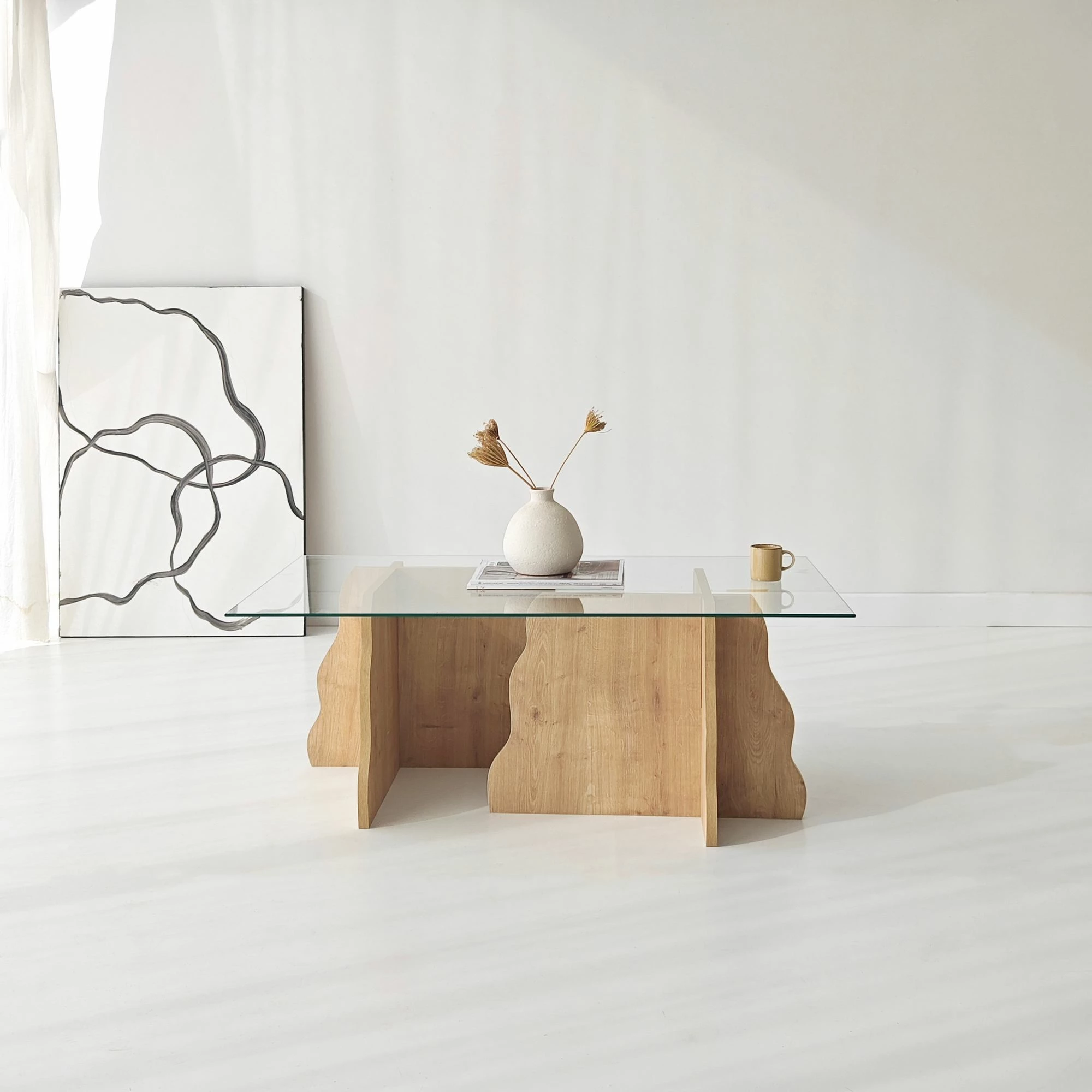 Tavolinë kafeje Skye Decor, lisi Sapphire, xham transparent