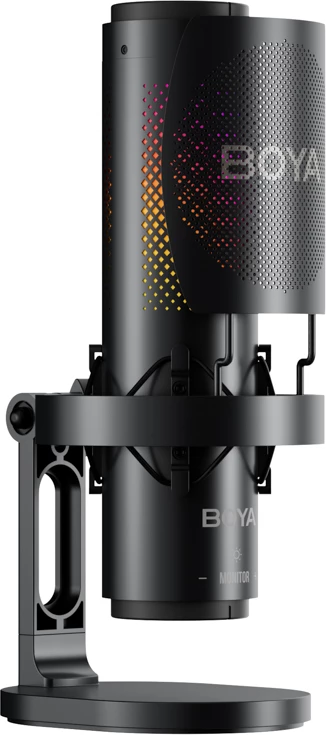 Mikrofon BOYA K9 me kabllo USB-C, 48 kHz 24-bit, RGB, me stendë tavoline dhe pop filter, i zi