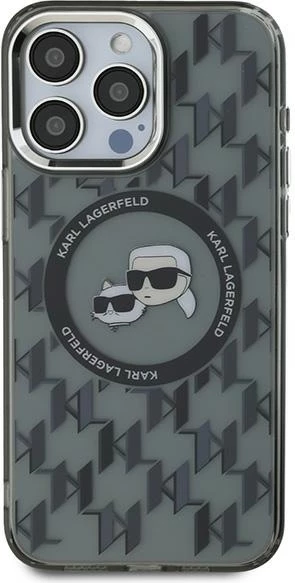 Mbështjellës Karl Lagerfeld IML Monogram Karl & Choupette Head MagSafe për iPhone 15 Pro, Zi