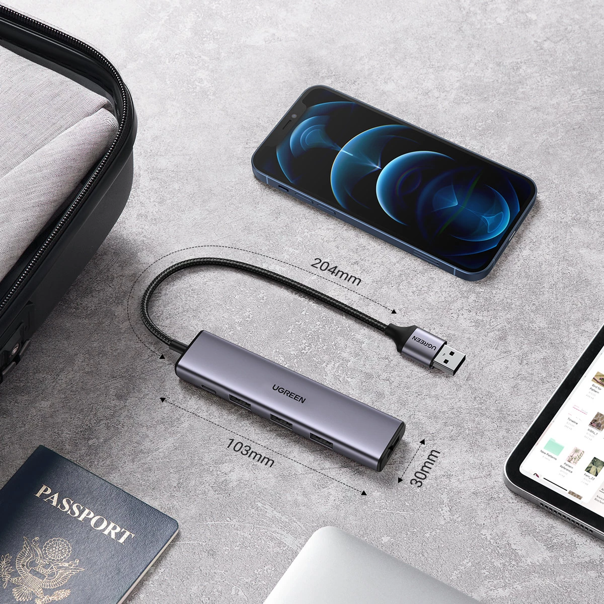 Kasë USB HUB Ugreen CM473 20805, 4x USB 3.0, Gri