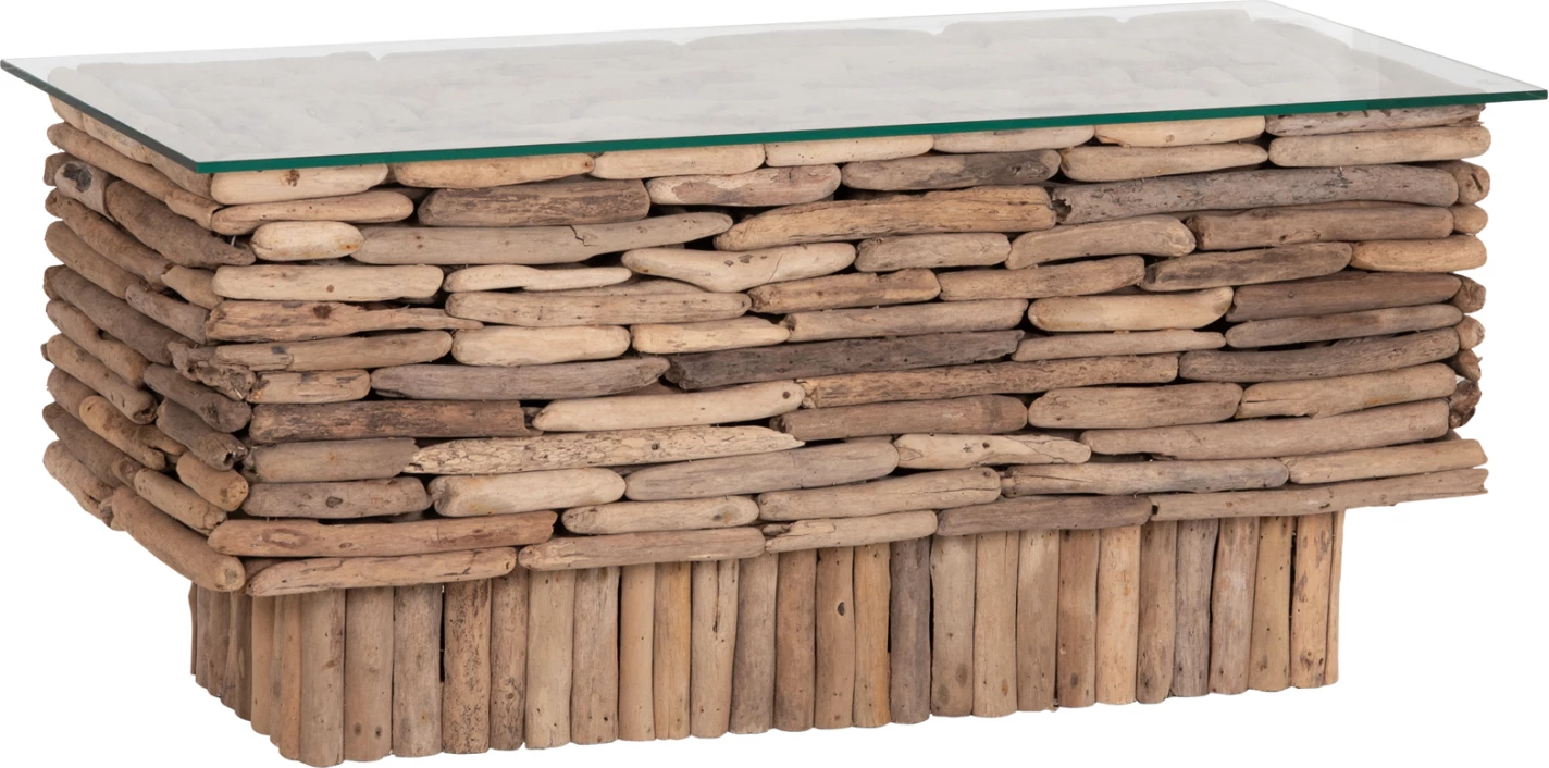 Tavolinë kafeje drejtkëndëshe SPARROW, dru driftwood, xham, 105x45x47cm