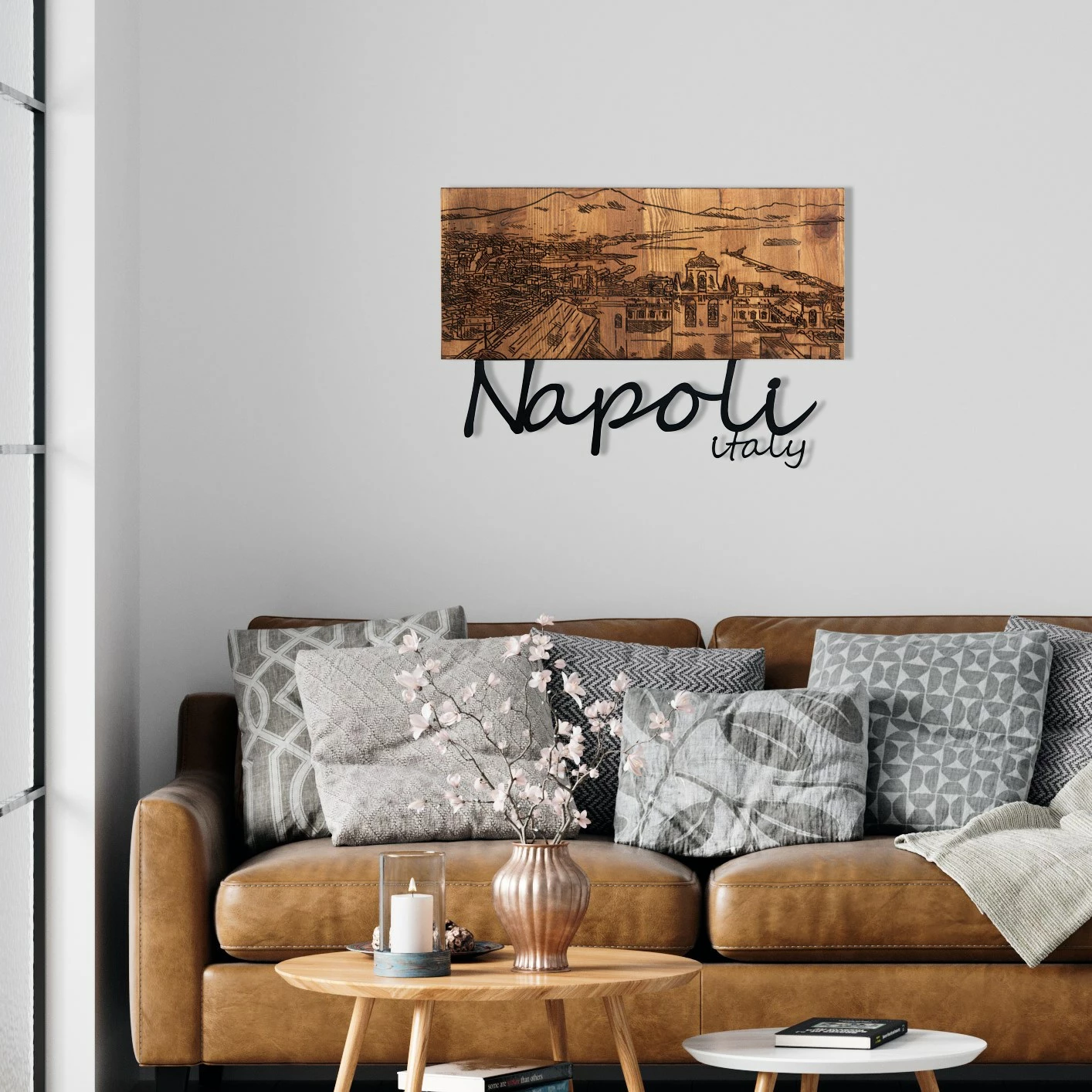 Aksesor dekorativ për mur, dru dhe metal, Napoli, ngjyrë e zezë dhe arre, 58x40cm