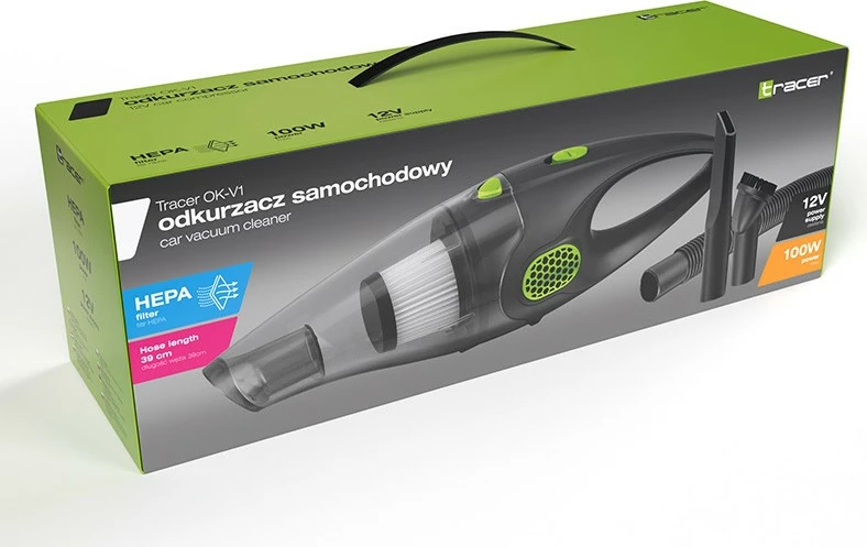 Fshesë me korrent për veturë, Tracer, OK-V1, 12V 100W, filtër HEPA F7, kabllo 3 m, set me 2 filtra HEPA, 2 gryka dhe zorrë 39 cm, e zezë/jeshile