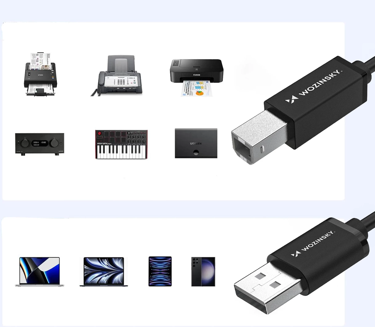Kabel USB-B në USB-A Wozinsky WKDDY3S 2 m USB 2.0 480 Mb/s, e zezë