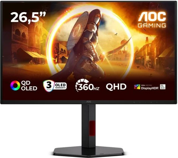 Monitor gaming AOC Q27G4SDR 26.5\" QD-OLED QHD 360Hz HDR400 TrueBlack, e zezë/kuqe