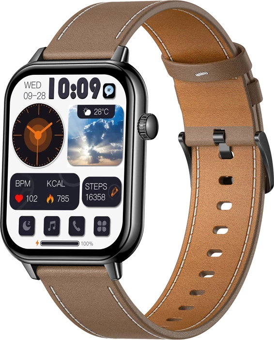 Smartwatch Colmi C28 AMOLED 1.93" me Bluetooth thirrje, AI Da GPT, 230 mAh, e zezë + rrip lëkure kafe (set me kabllo karikimi magnetik)