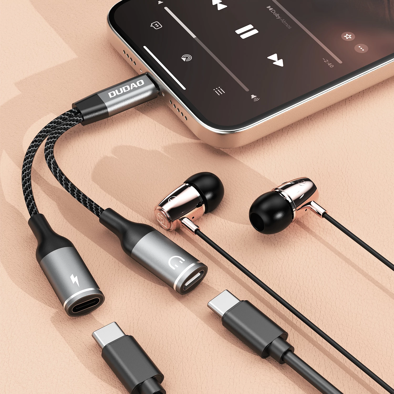 Adapter USB-C Dudao L13C+ 2-në-1, 1.2m, Gri