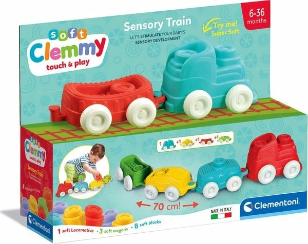 Tren lodër sensorial Clementoni Clemmy Soft Sensory Train, set 1 lokomotivë + 3 vagona + 8 blloqe të buta, shumëngjyrësh