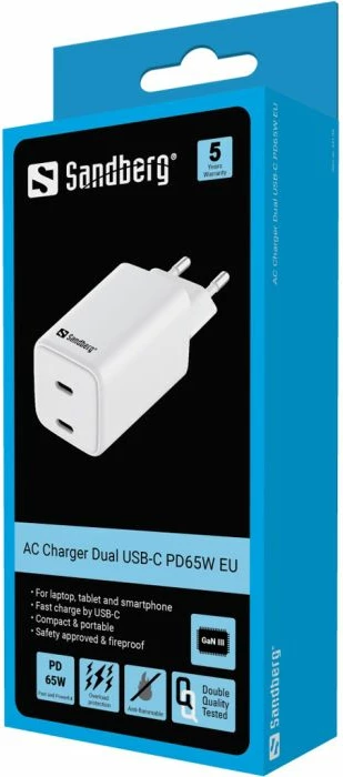 Karikues muri SANDBERG 441-56 Dual USB-C PD 65W GaN III, i bardhë