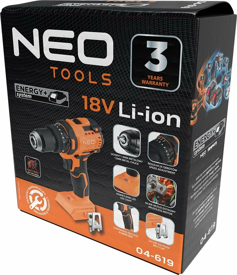 Trapan/vidhosës me bateri Neo 04-619 18 V, brushless, 95 Nm, çakëll 13 mm, portokalli/zi, pa bateri dhe pa karikues