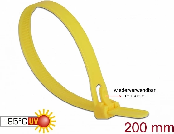 Lidhëse kabllosh DeLOCK 18759, releasable, nylon, 200 mm, 7.5 mm, 100 copë, e verdhë