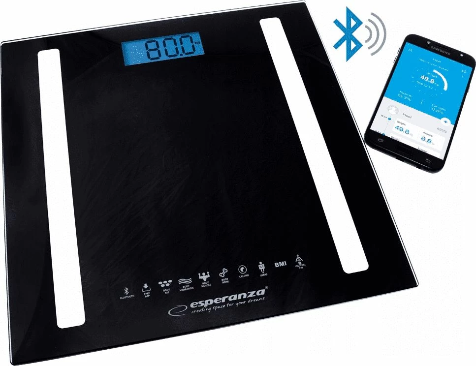 Peshore elektronike banjoje Esperanza Samba EBS018K, 180 kg, me analizë trupi dhe aplikacion, e zezë