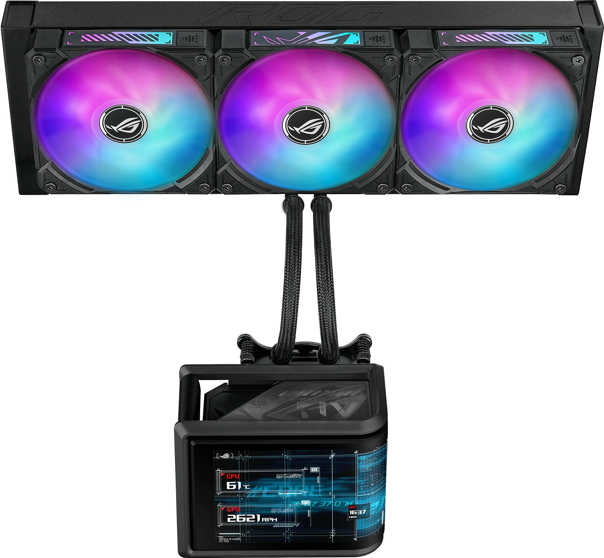 Ftohës uji AIO ASUS ROG RYUO IV SLC 360 ARGB, 3x120mm, AMOLED display, Intel/AMD, i zi