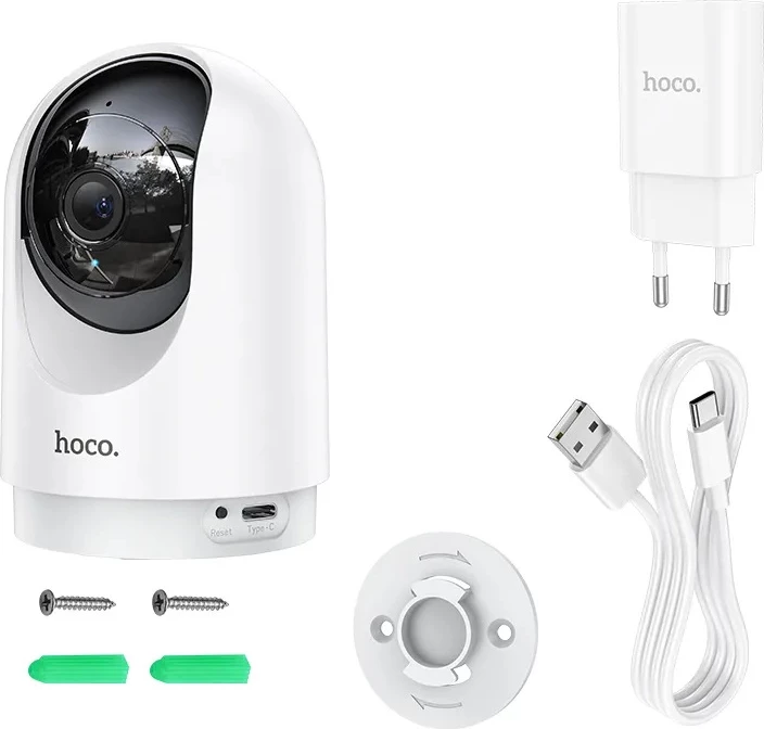 Kamerë sigurie smart home HOCO D1 23001, 3MP 2304×1296, Wi‑Fi, rrotullim 355°/110°, night vision IR, audio dy‑drejtimësh, microSD/TF deri 128GB, e bardhë