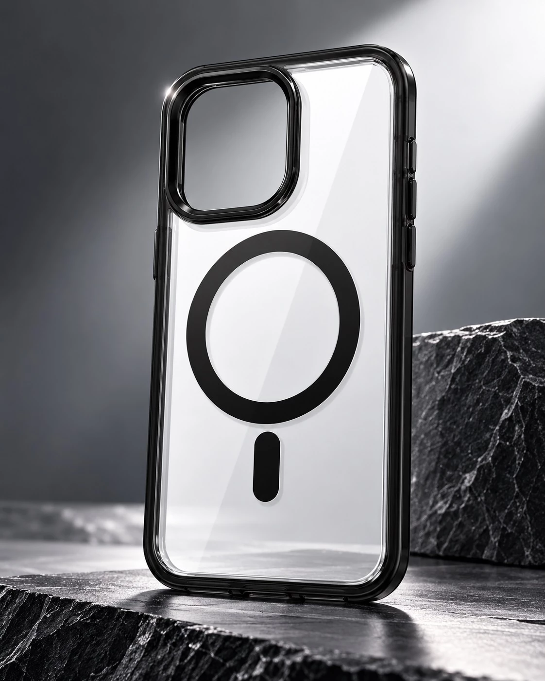 Mbrojtëse për iPhone 15 Pro Max me Unazë MagSafe – Transparente me Kornizë të Zezë
