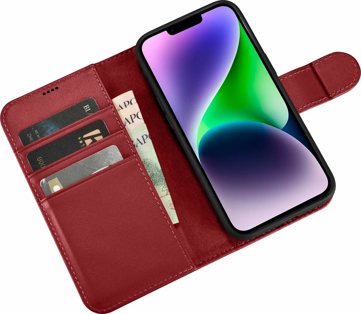 Mbështjellës iCarer Wallet Case 2in1 për iPhone 14 Plus, lëkurë natyrale, Anti-RFID, Kuq