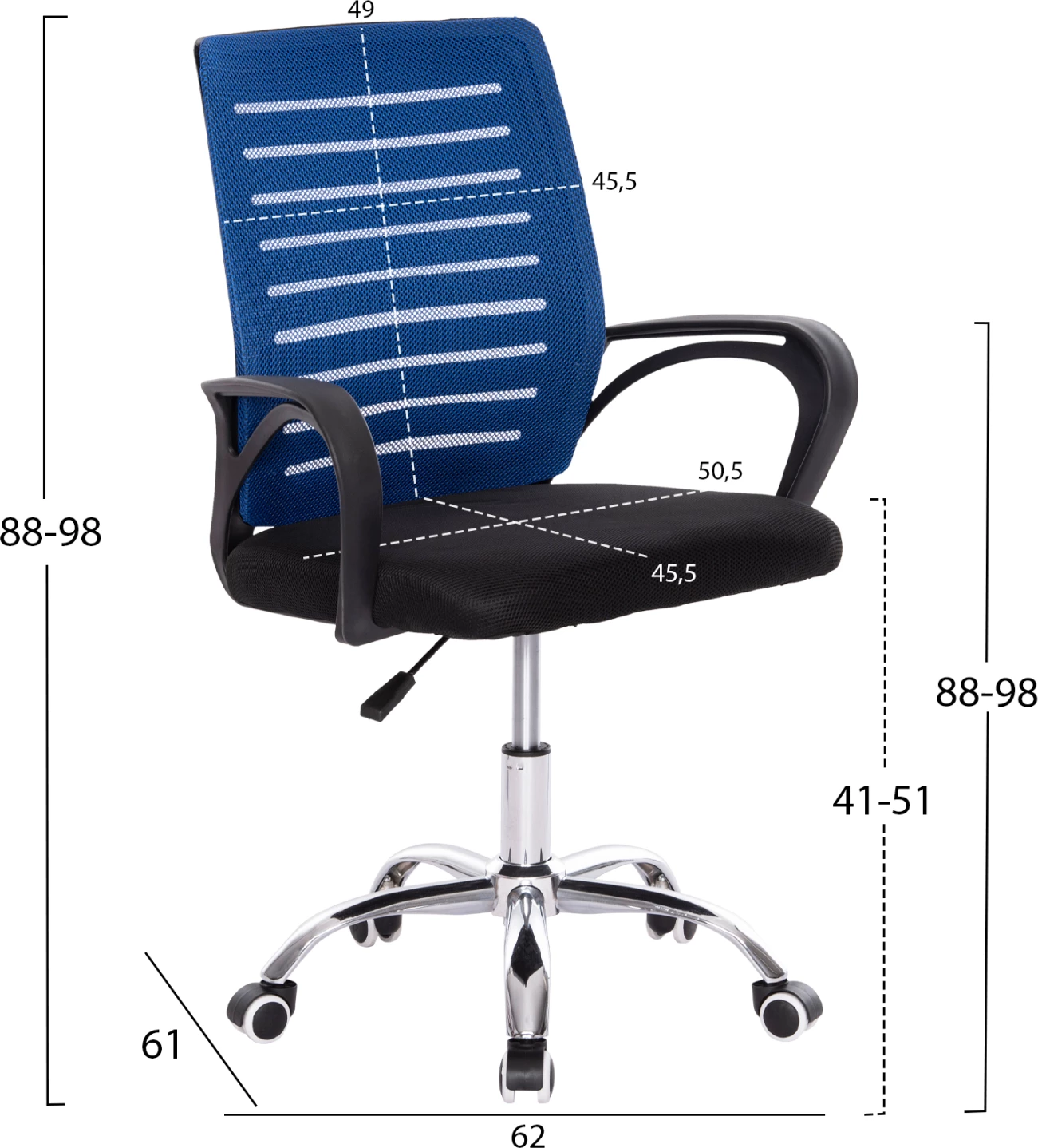 Karrige zyre TRAIL FH1192.36, ngjyrë blu dhe e zezë, këmbë metalike kromi, 62x51x98Hcm