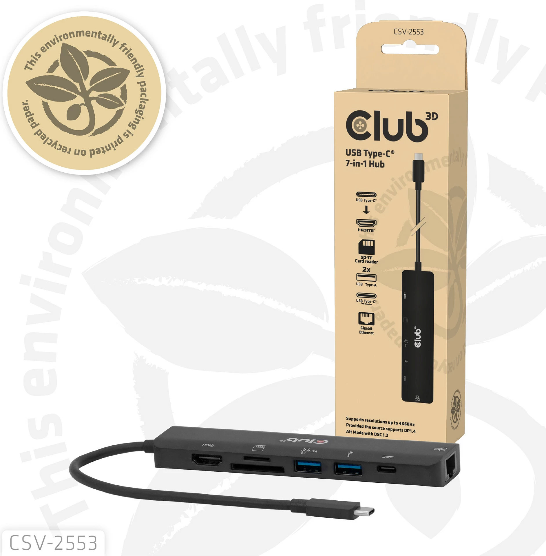 Hub USB-C Club 3D CSV-2553, 7-në-1, HDMI 4K@60Hz, RJ-45 Gigabit, 2x USB-A, USB-C PD, SD/microSD, i zi