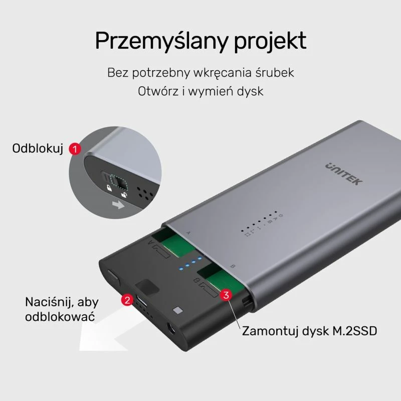 Kutí diskash/klonues Unitek 2xM.2 PCIe/NVMe, gri