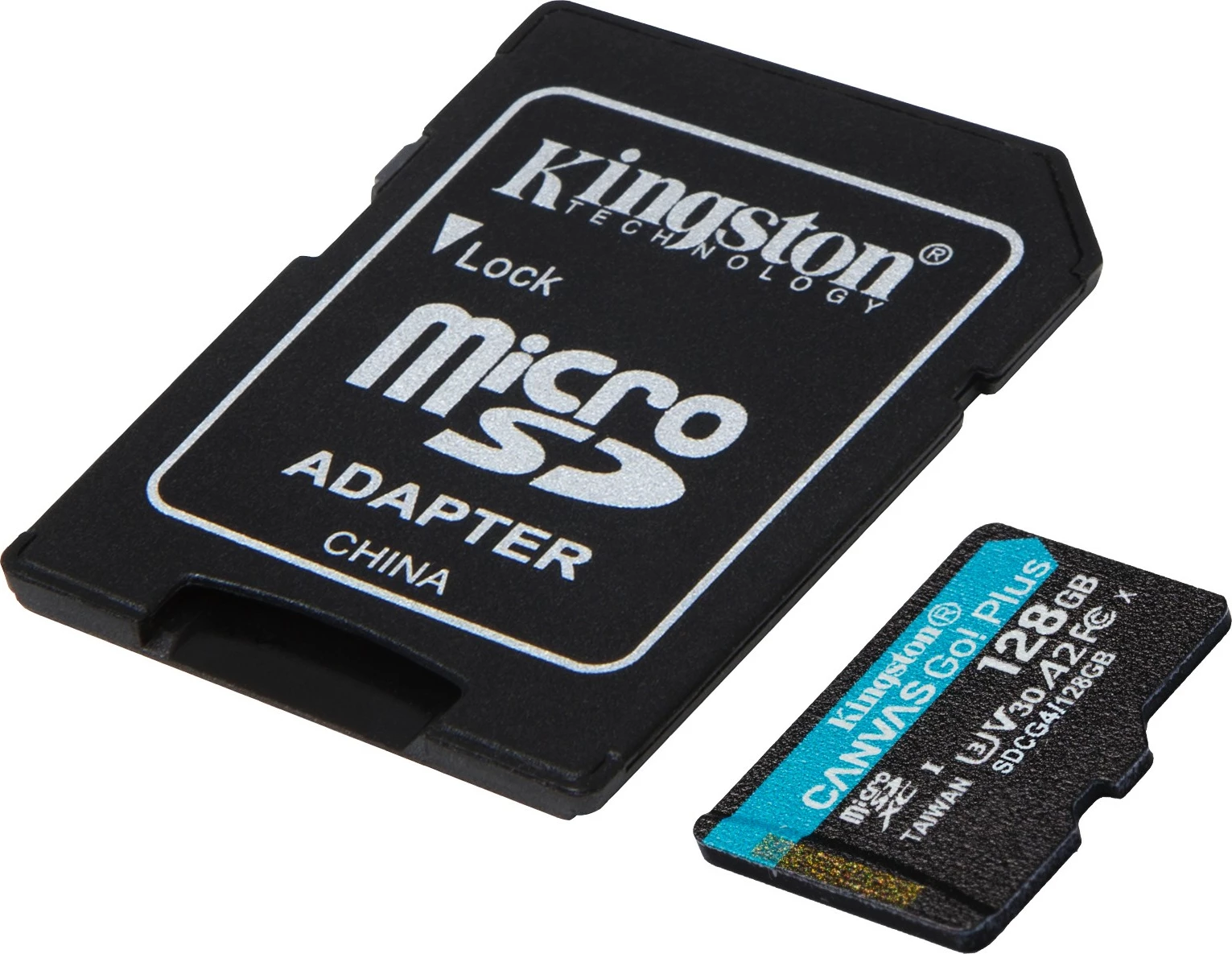 MicroSD kartelë Kingston Canvas Go Plus 128GB, A2, U3, V30, me adapter, e zezë/turkeze