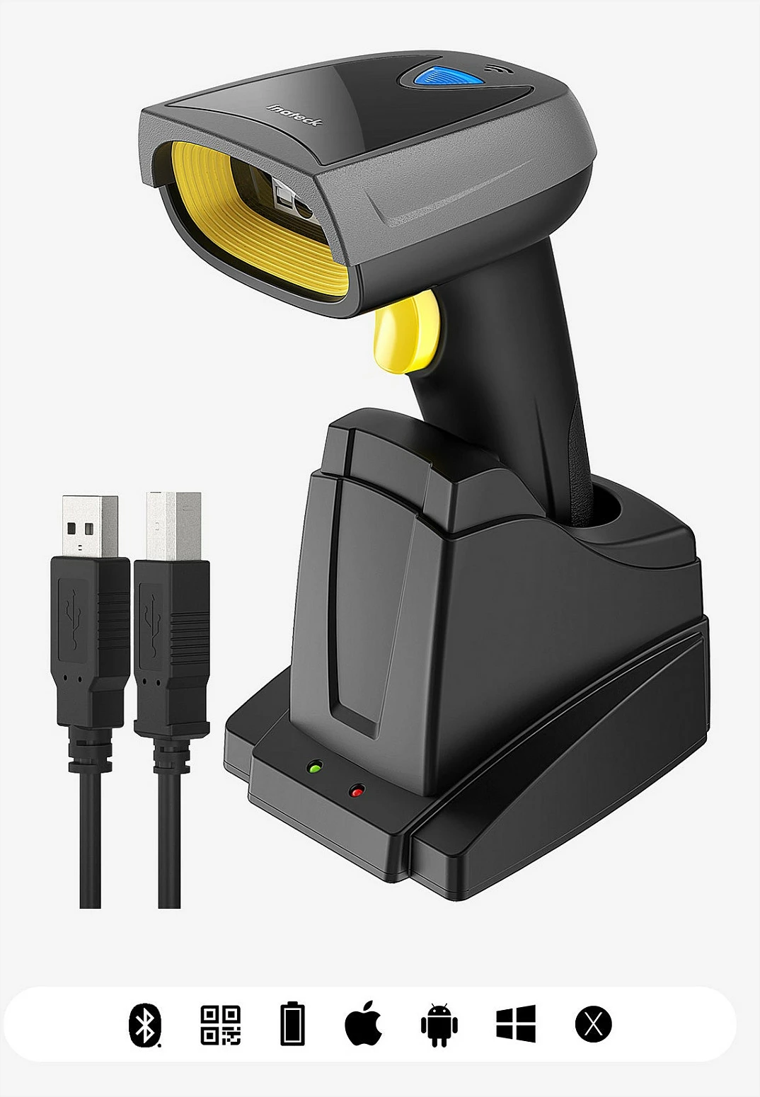 Skaner barkodi Inateck BCST-52, 1D/2D, Bluetooth/USB, me bazë karikimi, zi/hiri/verdhë