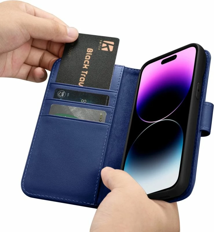 Mbrojtëse portofol për iPhone 14 Pro Max iCarer WMI14220728, lëkurë, kaltër [Ngjyra: Kaltër]