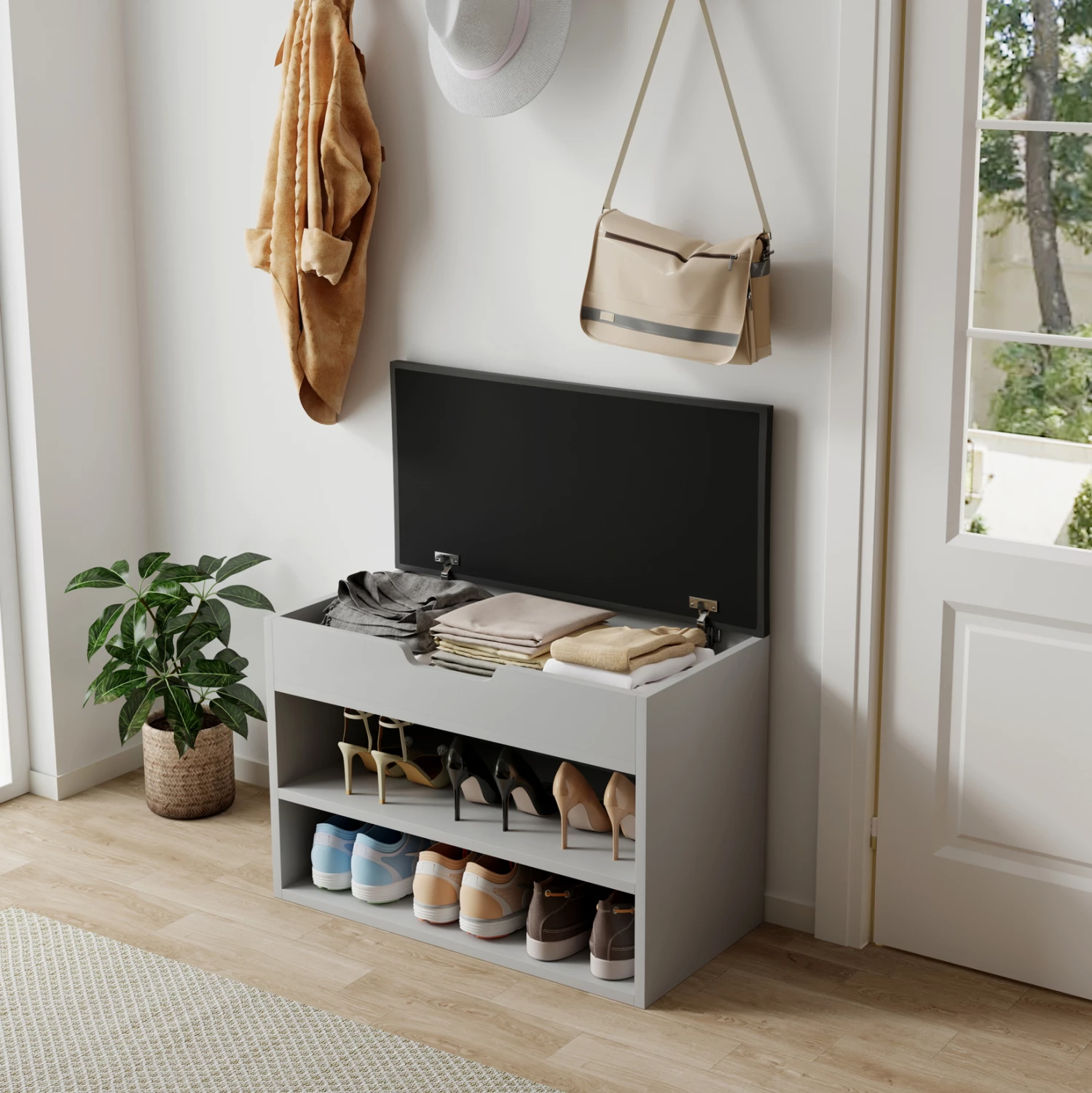 Raft këpucësh me ulëse ROMIR FH2477.05 melaminë gri-antracit ulëse PU 60x30x44Hcm