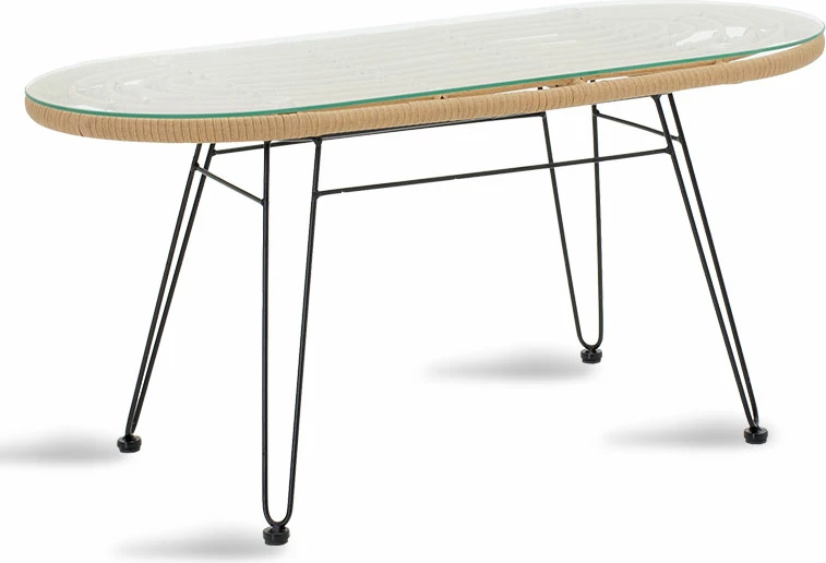 Tavolinë e ulët për kopsht, metal i zi, ratan PE natyral, xham i temperuar, 100x45x46cm