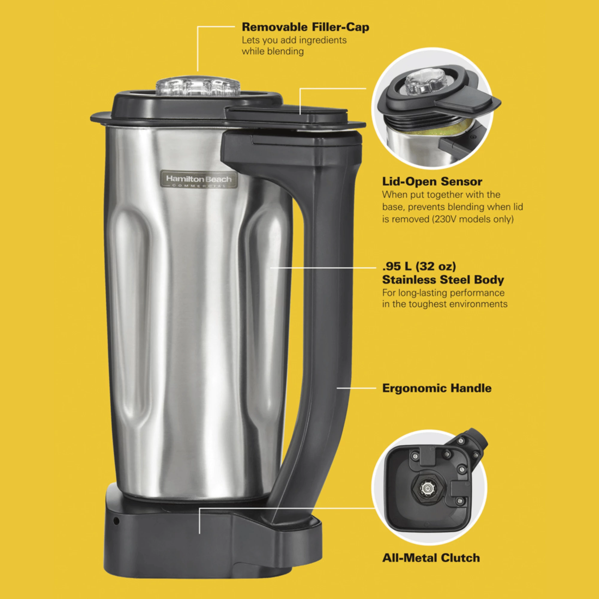 Enë blenderi, Hamilton Beach Commercial, Rio (HBB255/HBH455/HBF510), 0.95L çelik inox, argjendtë