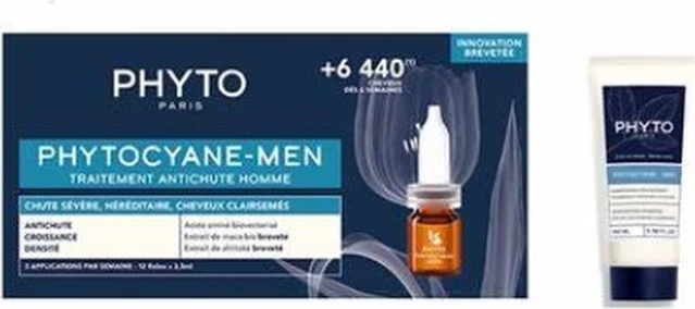 Set kundër rënies së flokëve për burra Phyto Phytocyane Men, 100ml + 12 ampula