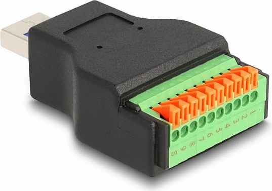 Adapter USB DeLOCK USB 3.2 Gen 1 Type-A në terminal block 10-pin me butona, 5 Gbit/s, zi/jeshil