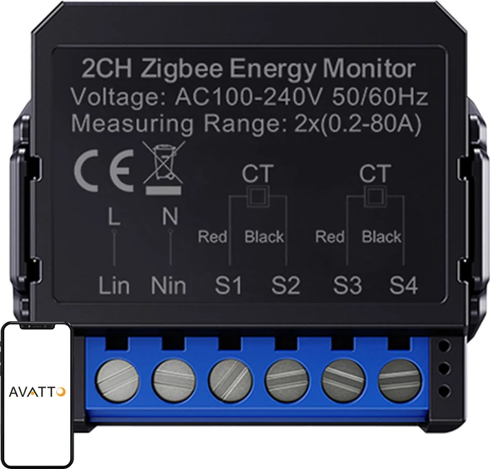 Matës energjie smart ZigBee, Avatto ZWPM16-2, dykanalësh 0.2-80 A, AC 100-240 V, ZigBee 3.0, Tuya/Smart Life, matje dykahëshe