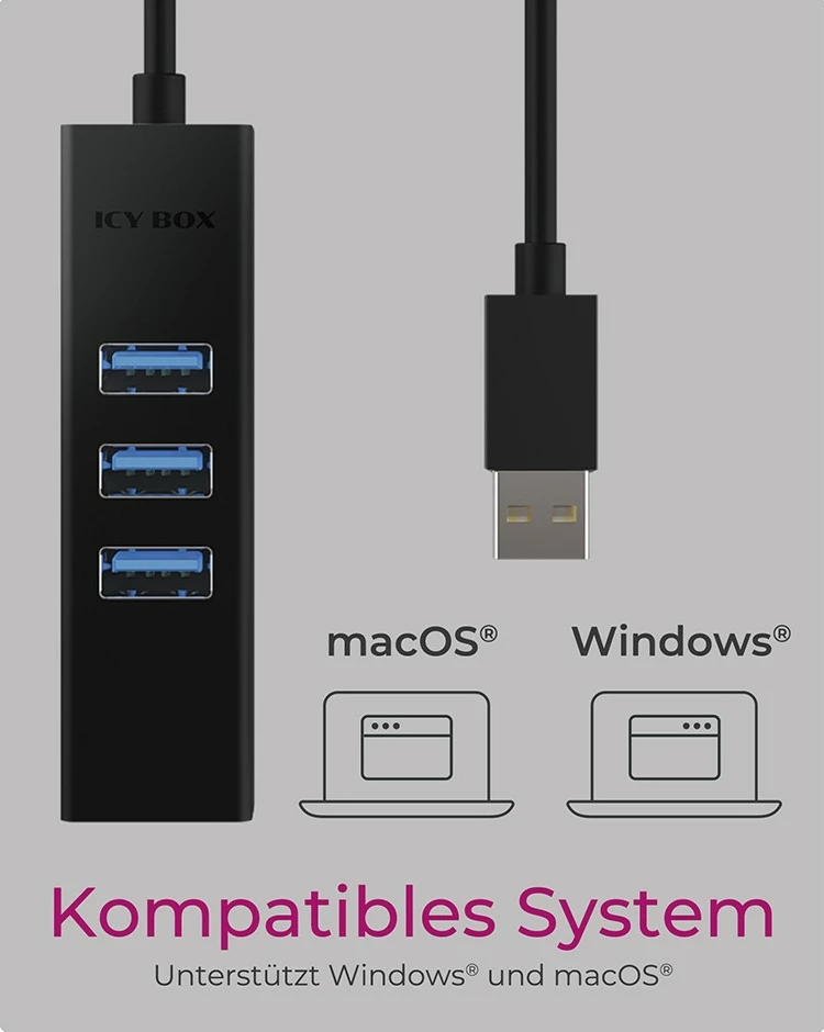 Adapter USB dhe LAN ICY BOX IB-HUB1419-LAN, USB 3.2 Gen 1, 10,100,1000 Mbit/s, i zi