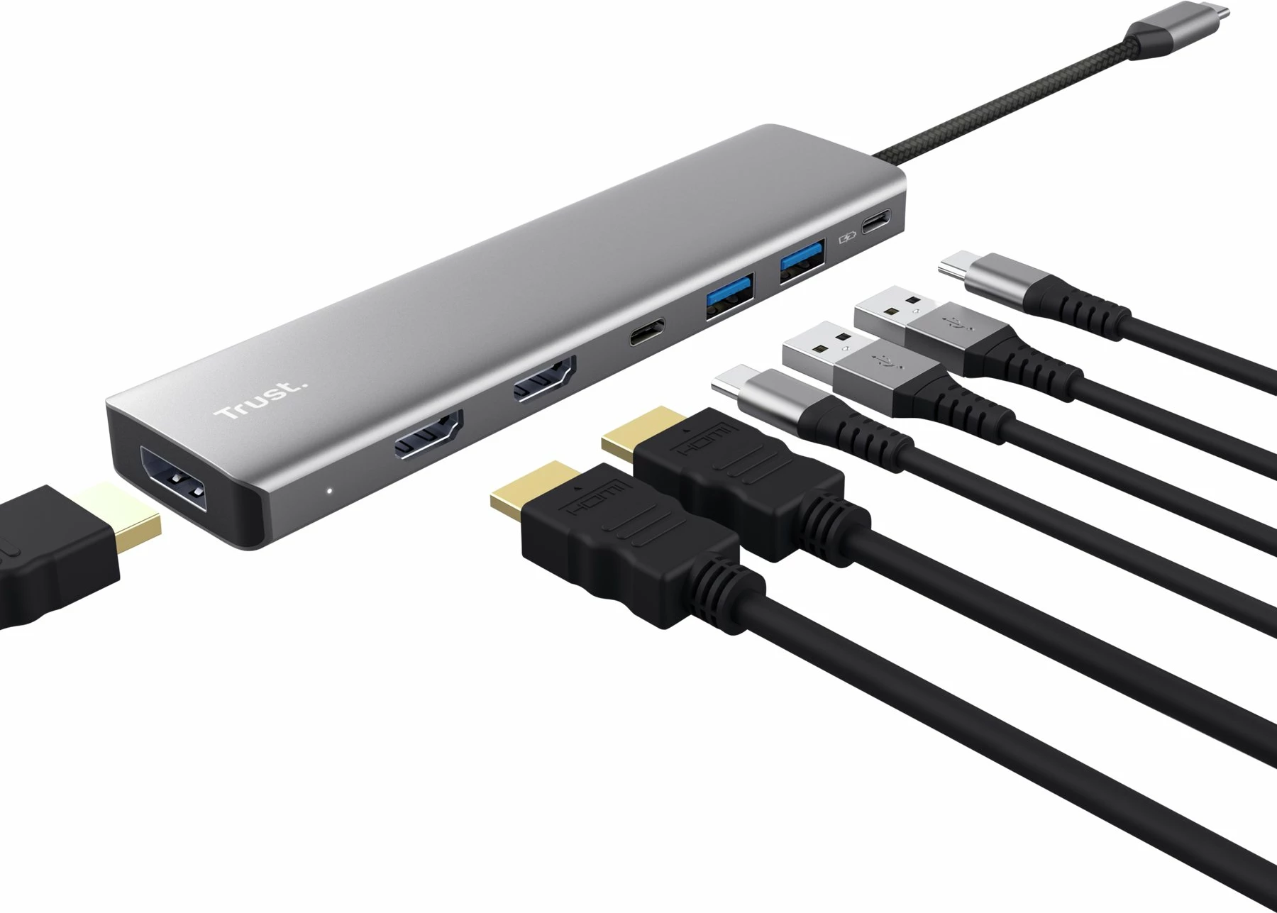 Adapter multiport USB-C Trust Dalyx 25661 7-në-1 4K@60Hz PD 100W 2xHDMI 1xDisplayPort 2xUSB-A 2xUSB-C, argjendtë
